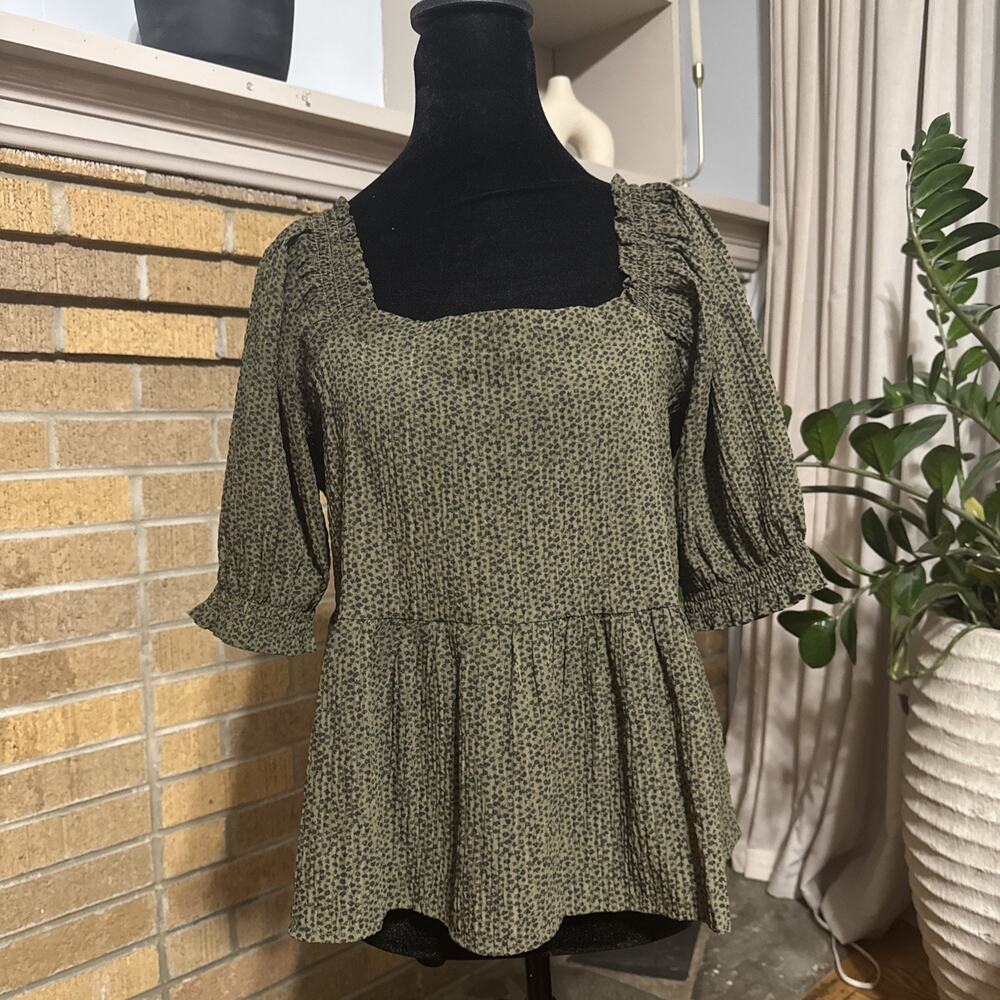 Loft Cottagecore Green Peplum Babydoll Square Neck Boho Blouse Sz Sm Wrinkle Tex